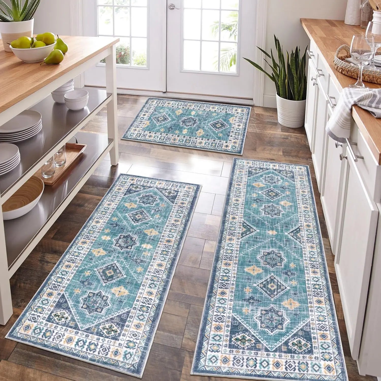 LOKHOM Boho Floral Rug Sets of 3 Non Slip Kitchen Mats for Floor with Rubber Backing Waterproof Stain Resistant Carpet Runner for Kitchen Laundry Room Hallway
