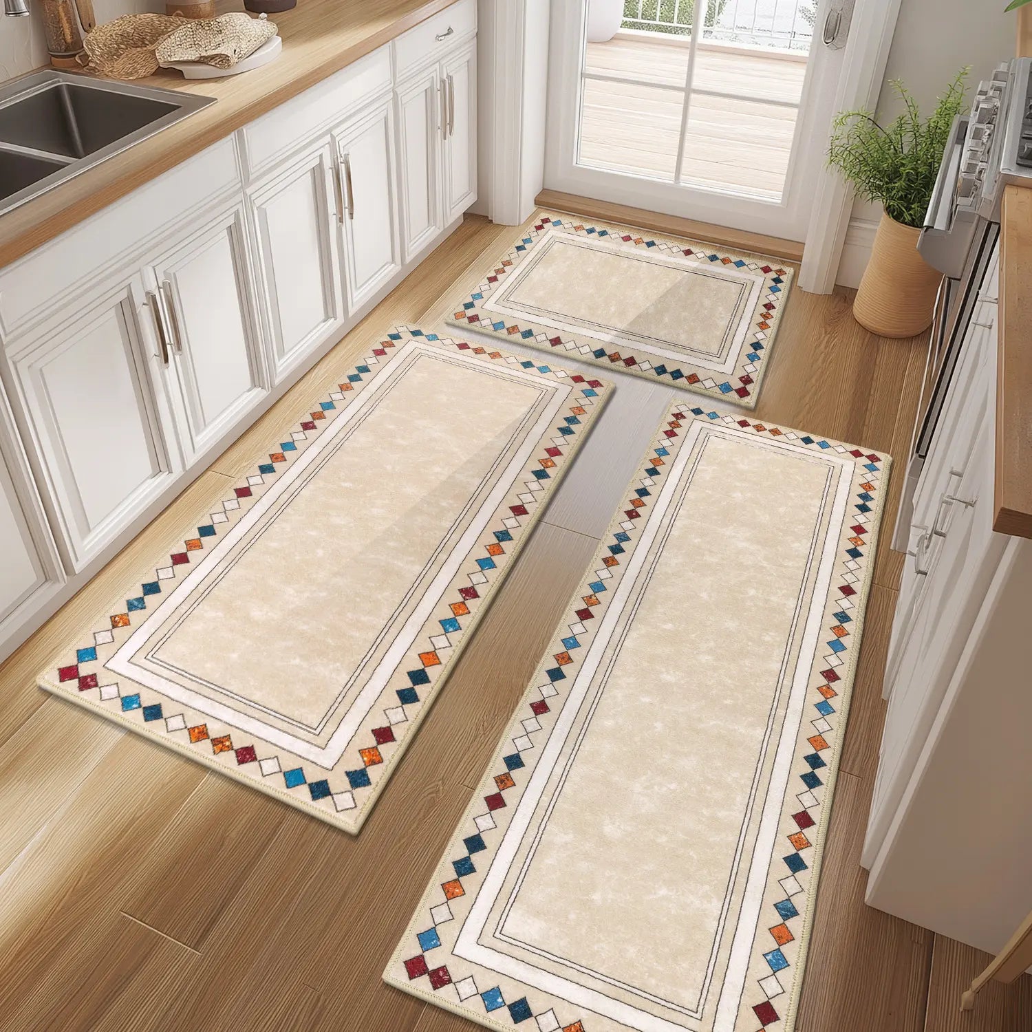 LOKHOM Boho Floral Rug Sets of 3 Non Slip Kitchen Mats for Floor with Rubber Backing Waterproof Stain Resistant Carpet Runner for Kitchen Laundry Room Hallway