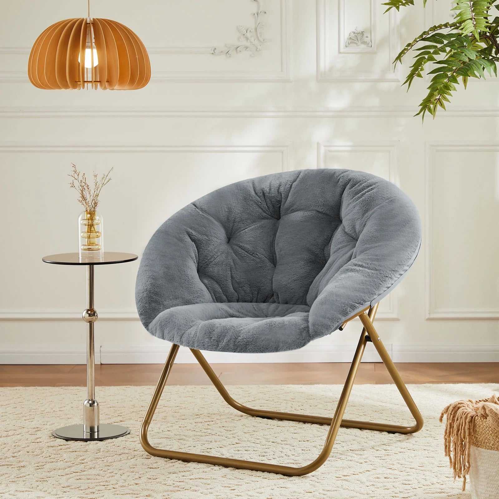 Faux Fur Folding Saucer Chair, Foldable Accent Chair for Adults, Soft Plush Seat, Lightweight & Comfortable, Grey