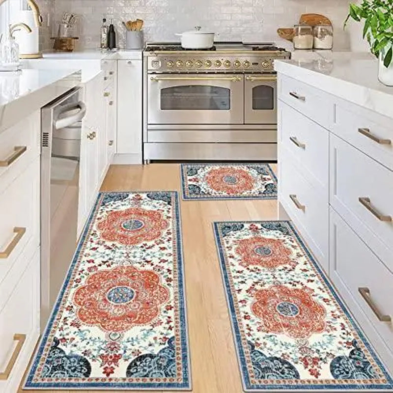 LOKHOM Boho Floral Rug Sets of 3 Non Slip Kitchen Mats for Floor with Rubber Backing Waterproof Stain Resistant Carpet Runner for Kitchen Laundry Room Hallway