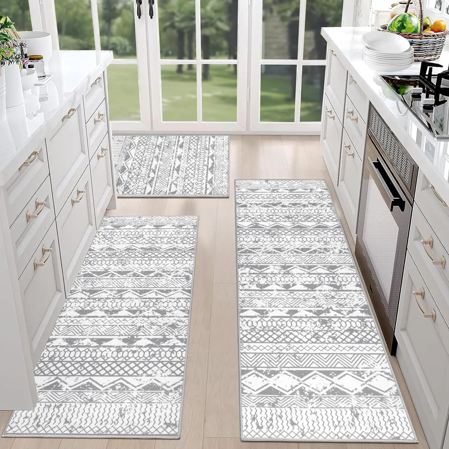 LOKHOM Boho Floral Rug Sets of 3 Non Slip Kitchen Mats for Floor with Rubber Backing Waterproof Stain Resistant Carpet Runner for Kitchen Laundry Room Hallway