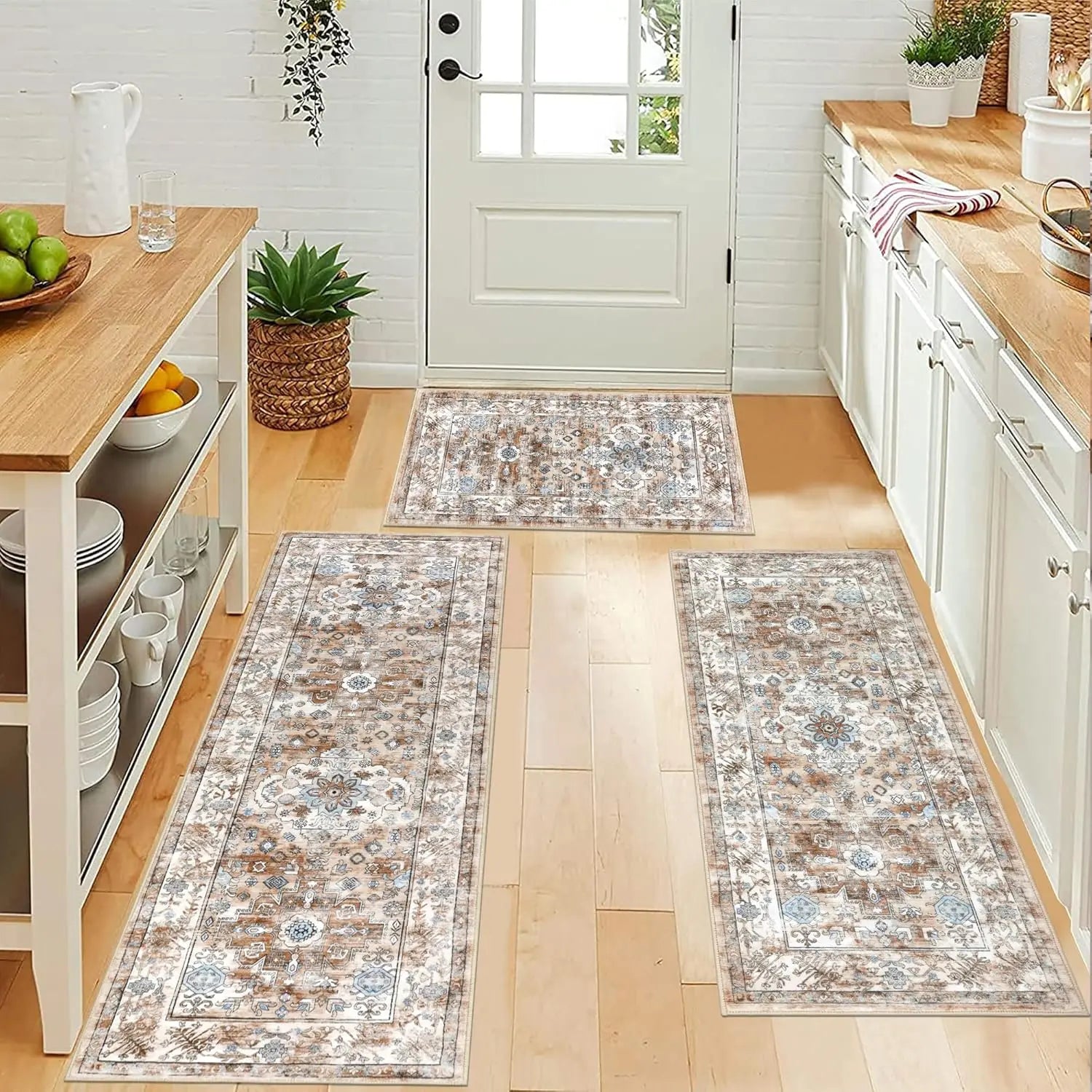 LOKHOM Boho Floral Rug Sets of 3 Non Slip Kitchen Mats for Floor with Rubber Backing Waterproof Stain Resistant Carpet Runner for Kitchen Laundry Room Hallway