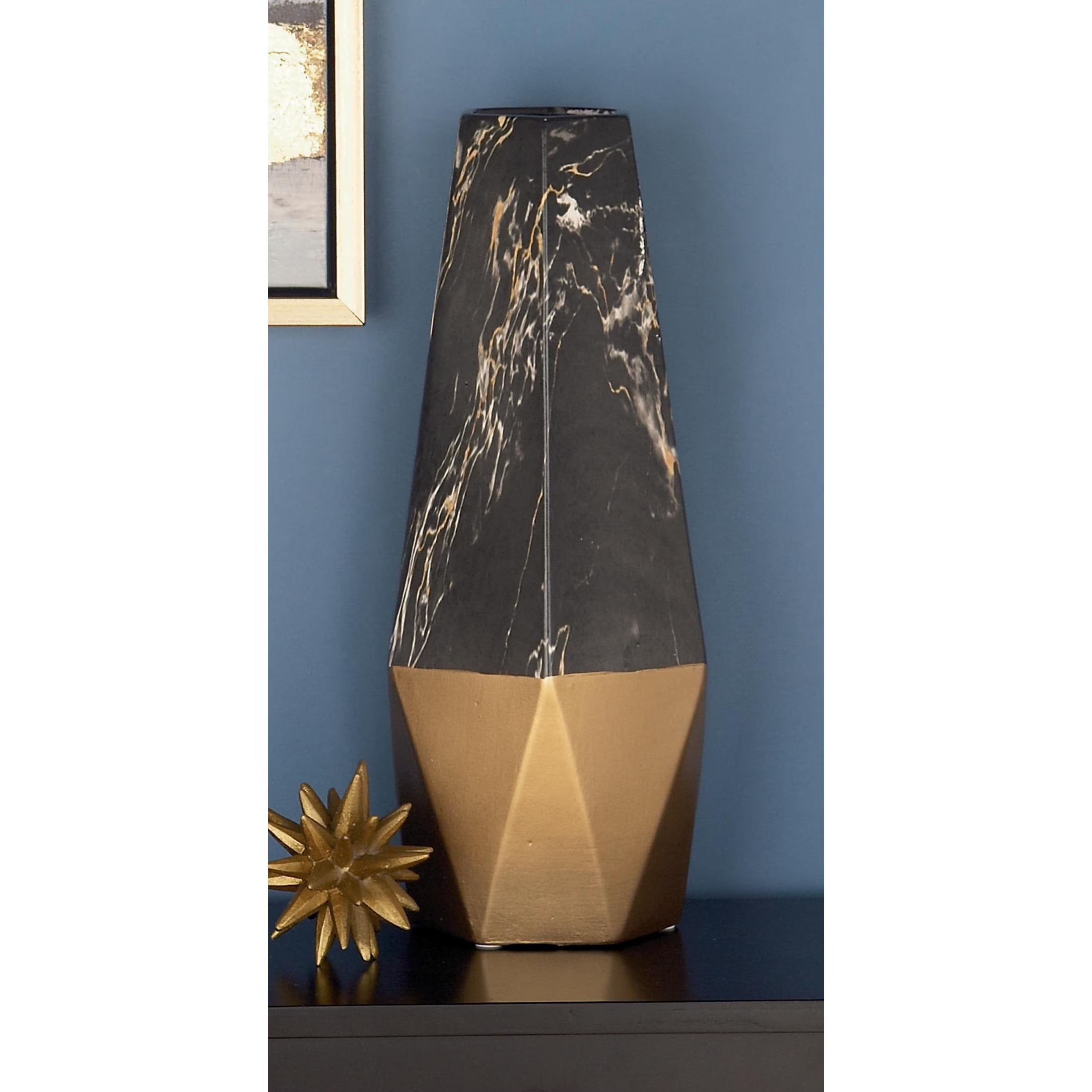18" Faux Marble Dark Gray Ceramic Vase with Gold Base