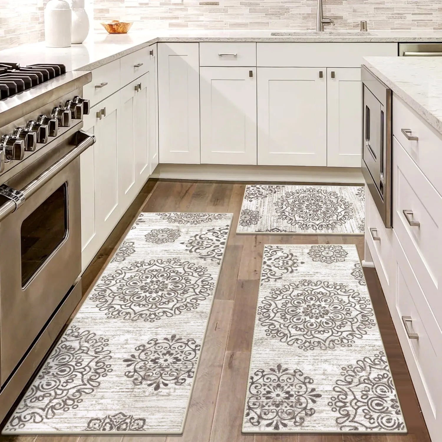 LOKHOM Boho Floral Rug Sets of 3 Non Slip Kitchen Mats for Floor with Rubber Backing Waterproof Stain Resistant Carpet Runner for Kitchen Laundry Room Hallway