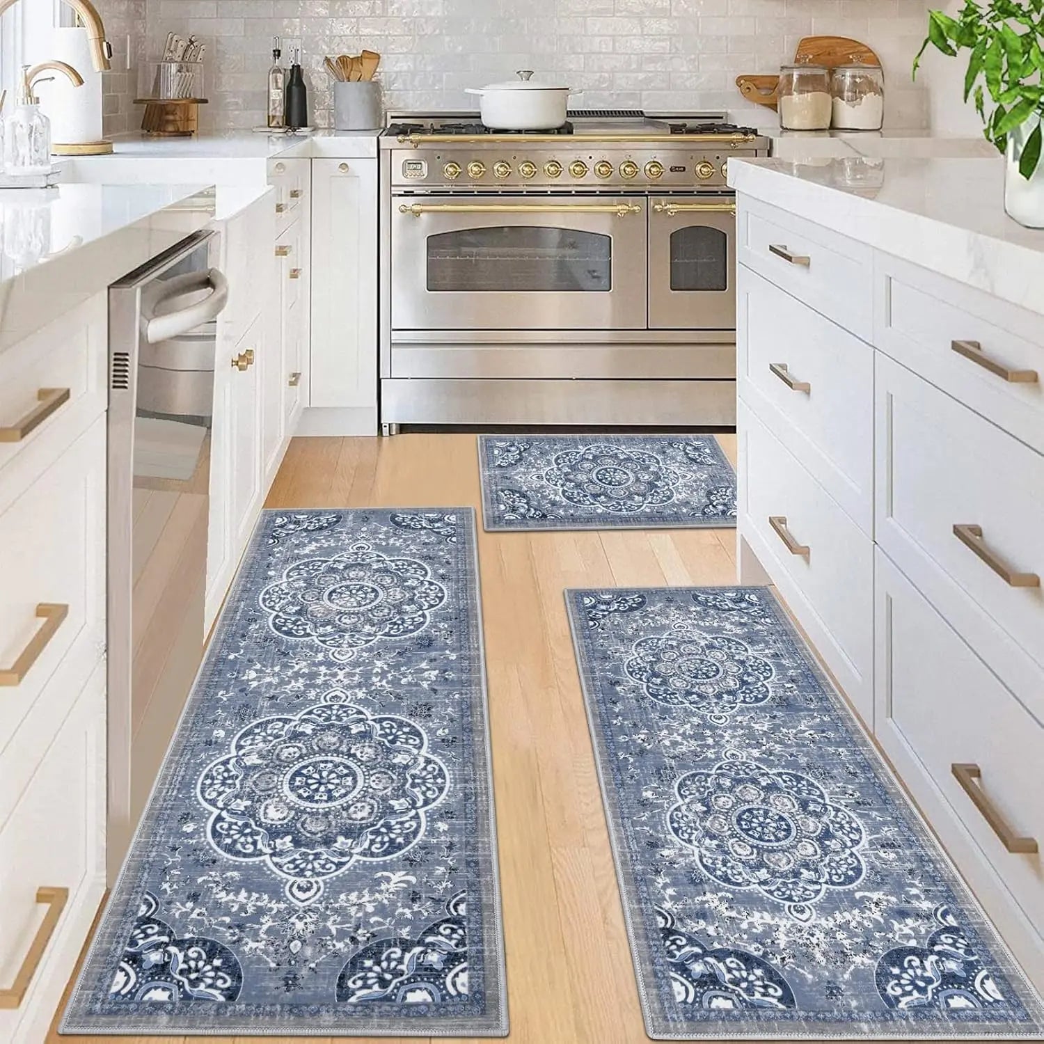 LOKHOM Boho Floral Rug Sets of 3 Non Slip Kitchen Mats for Floor with Rubber Backing Waterproof Stain Resistant Carpet Runner for Kitchen Laundry Room Hallway
