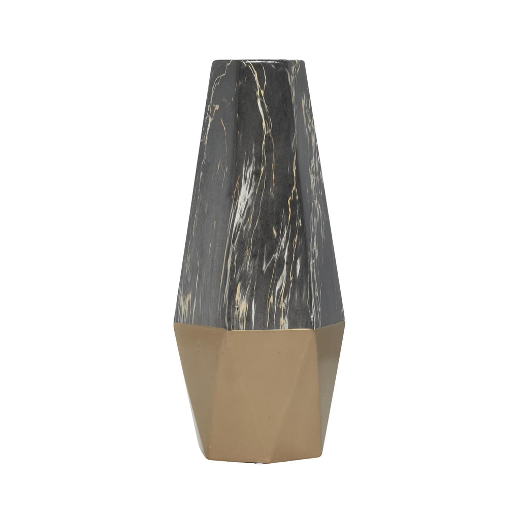18" Faux Marble Dark Gray Ceramic Vase with Gold Base