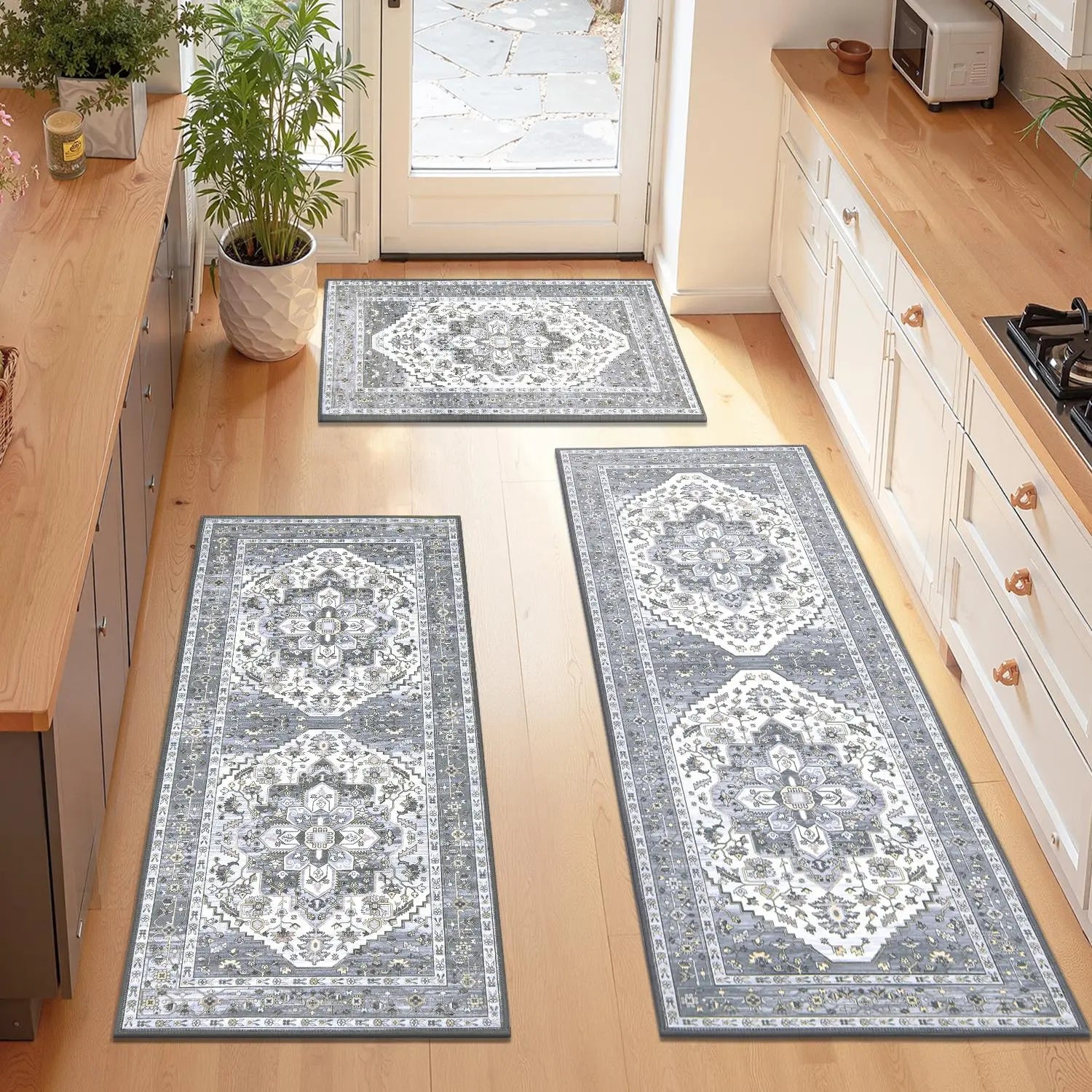 LOKHOM Boho Floral Rug Sets of 3 Non Slip Kitchen Mats for Floor with Rubber Backing Waterproof Stain Resistant Carpet Runner for Kitchen Laundry Room Hallway