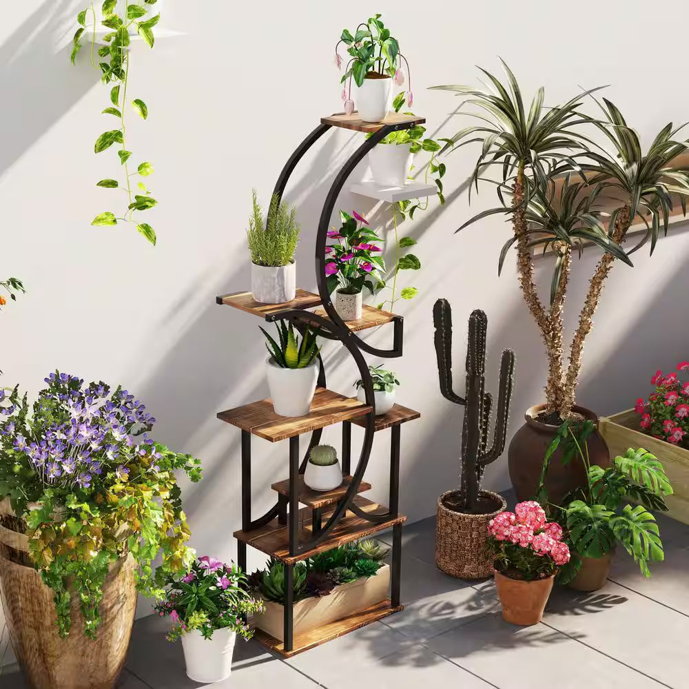 62-Inch x 25-Inch x 10-Inch Indoor Steel Frame Carbonized Plant Stand with Kits and Accessories, S-Shaped, 8-Tier, Black