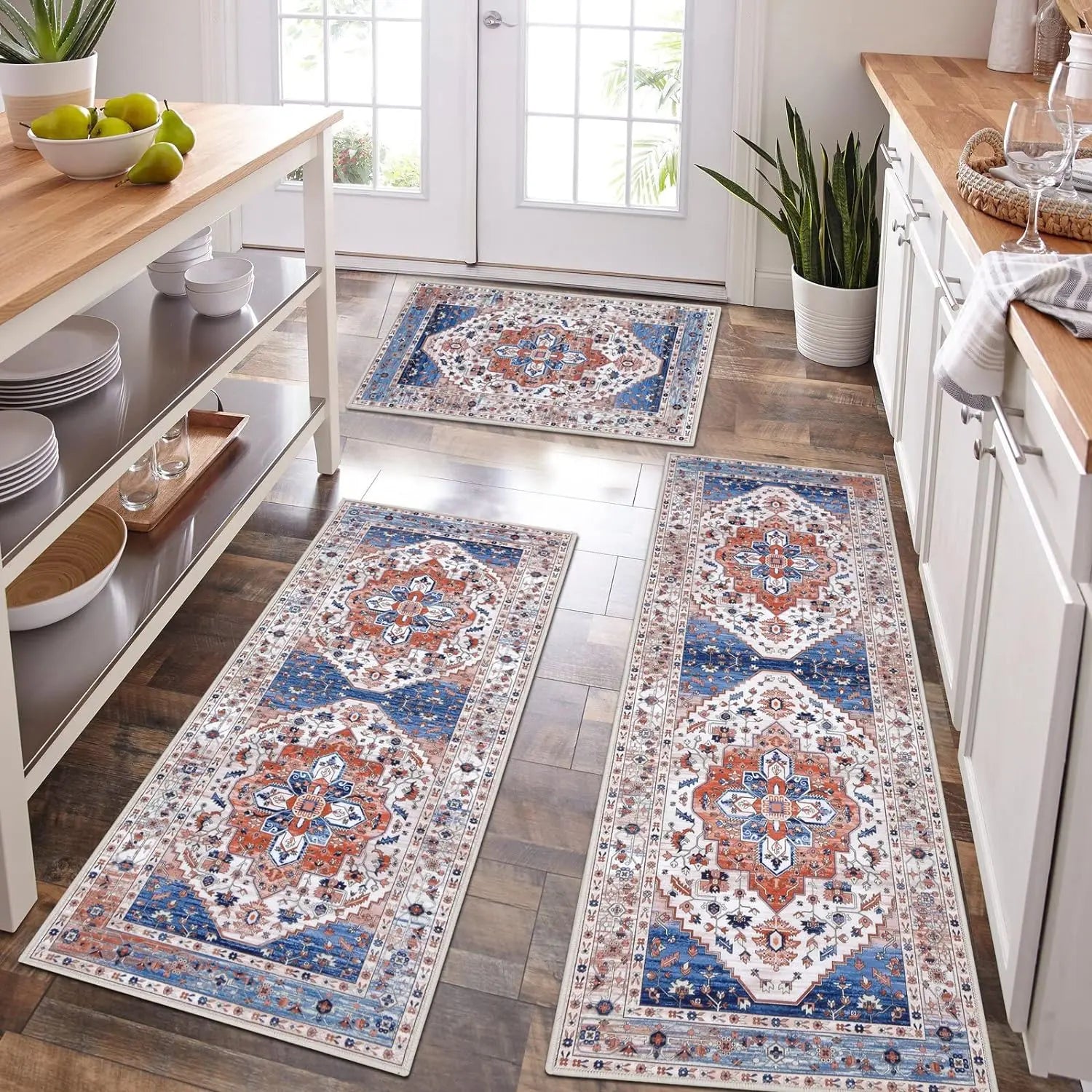 LOKHOM Boho Floral Rug Sets of 3 Non Slip Kitchen Mats for Floor with Rubber Backing Waterproof Stain Resistant Carpet Runner for Kitchen Laundry Room Hallway