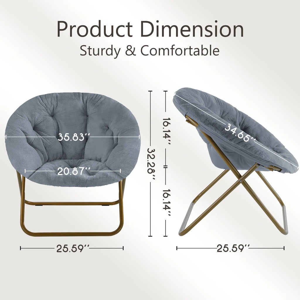Faux Fur Folding Saucer Chair, Foldable Accent Chair for Adults, Soft Plush Seat, Lightweight & Comfortable, Grey