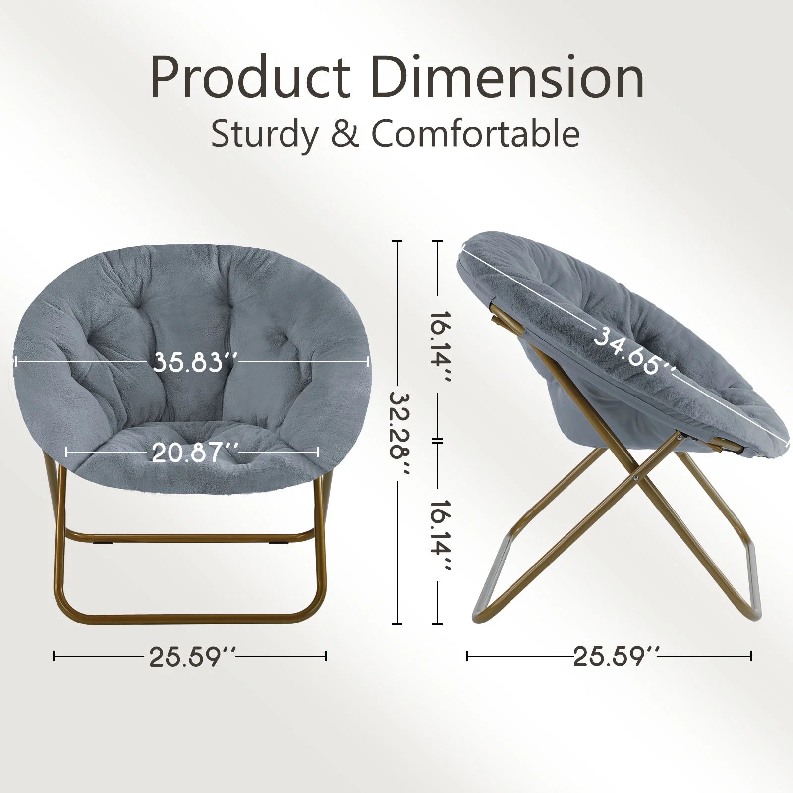 Faux Fur Folding Saucer Chair, Foldable Accent Chair for Adults, Soft Plush Seat, Lightweight & Comfortable, Grey