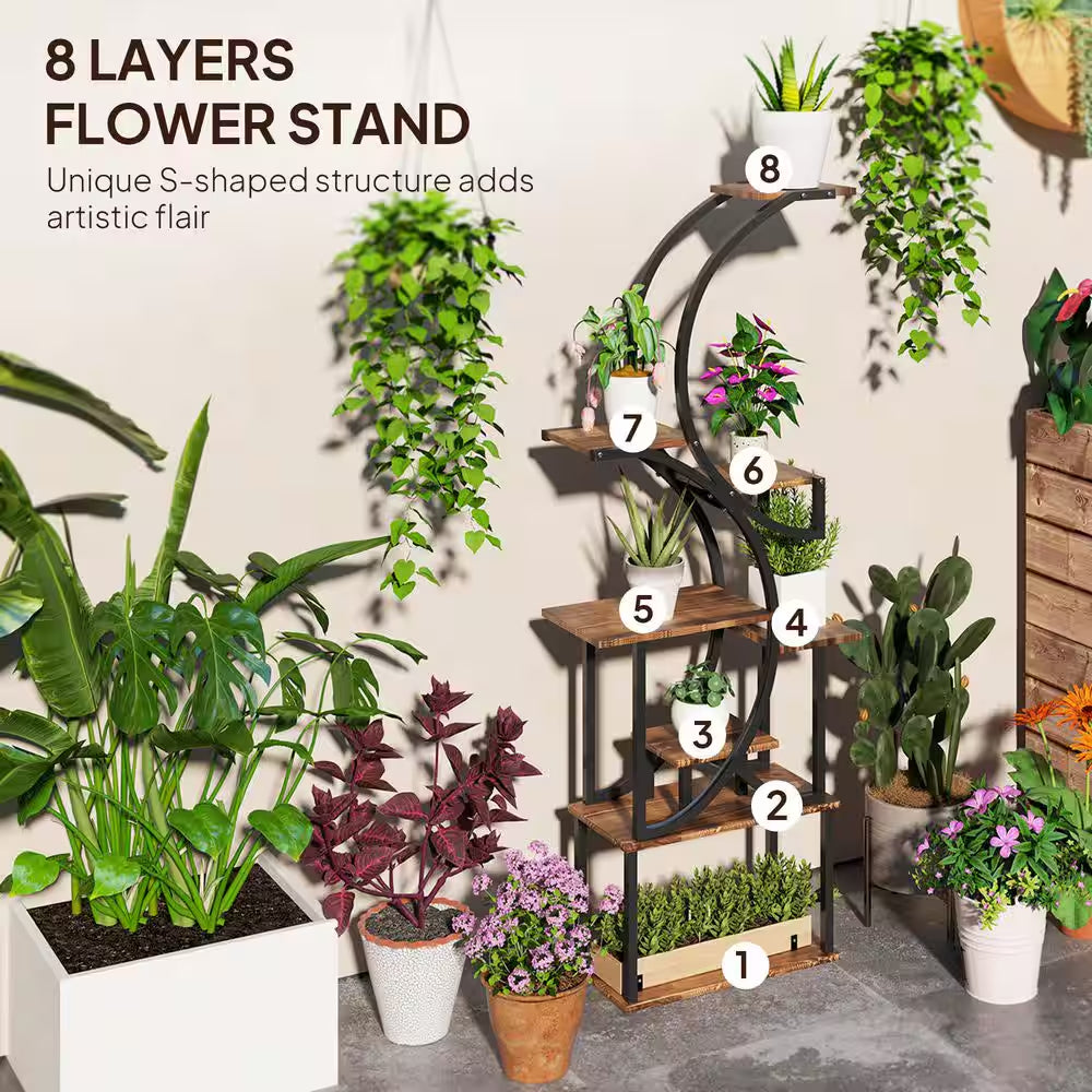 62-Inch x 25-Inch x 10-Inch Indoor Steel Frame Carbonized Plant Stand with Kits and Accessories, S-Shaped, 8-Tier, Black
