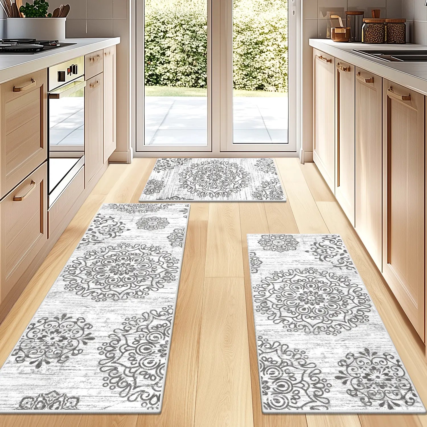 LOKHOM Boho Floral Rug Sets of 3 Non Slip Kitchen Mats for Floor with Rubber Backing Waterproof Stain Resistant Carpet Runner for Kitchen Laundry Room Hallway