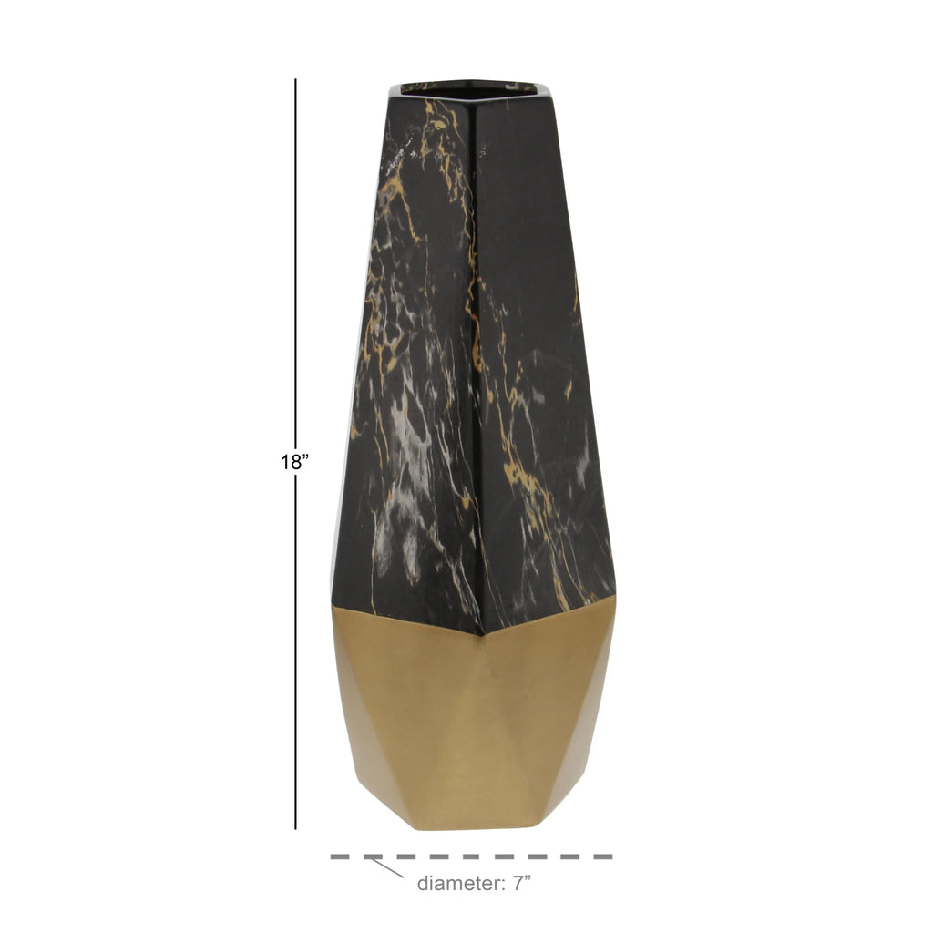 18" Faux Marble Dark Gray Ceramic Vase with Gold Base