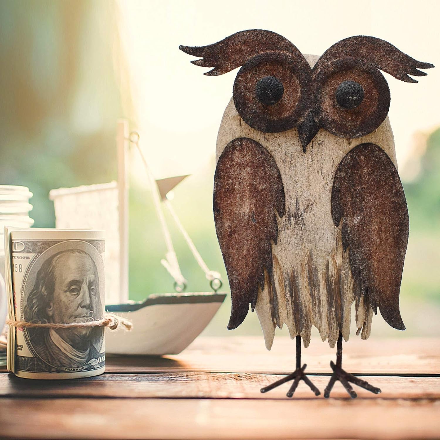 Rustic Wooden Owl Statue