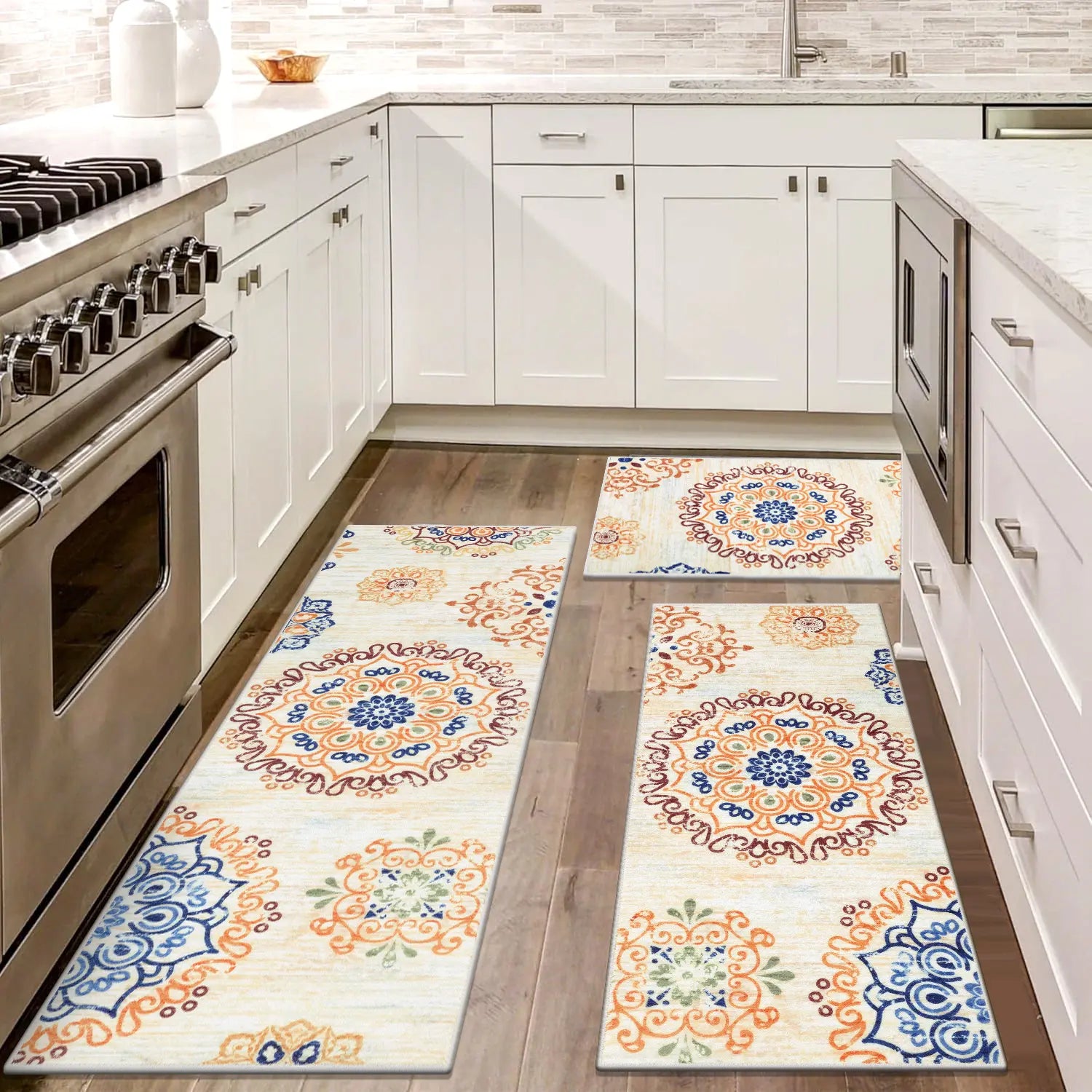 LOKHOM Boho Floral Rug Sets of 3 Non Slip Kitchen Mats for Floor with Rubber Backing Waterproof Stain Resistant Carpet Runner for Kitchen Laundry Room Hallway