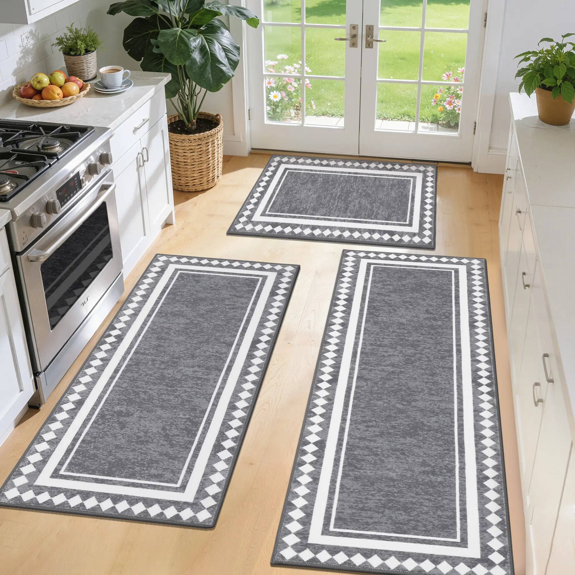 LOKHOM Boho Floral Rug Sets of 3 Non Slip Kitchen Mats for Floor with Rubber Backing Waterproof Stain Resistant Carpet Runner for Kitchen Laundry Room Hallway